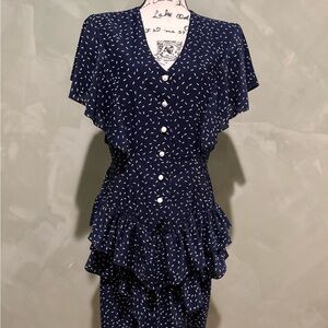 Vintage 1980s Blue Polka Dot Ruffle Dress